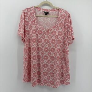 Boboau Women Plus Size 1X Red White Geometric Print V Neck Short Sleeve Blouse